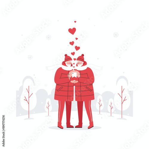 Happy elderly couple standing together sharing one scarf and looking at smartphone with floating red hearts against snowy winter park backdrop
