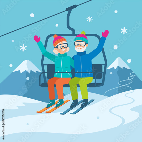 Happy elderly couple skiers waving on chairlift against snowy alpine mountains representing Silver Economy and Tourism for Active Seniors