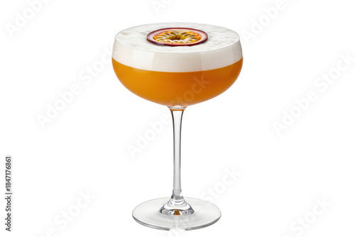 Classic pornstar martini cocktail with passion fruit in a coupe glass isolated