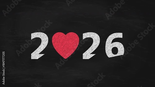 2026 Chalk Write-on Animation on Blackboard With Red Heart Symbol