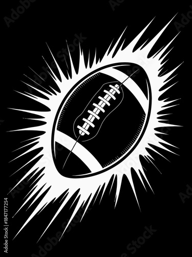 A football is centered against a black background, surrounded by a bold white explosion effect.
