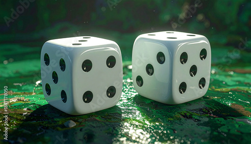 Two dice, isolated and resting on a white or green background, symbolize chance, luck, and the exciting risk of a casino game