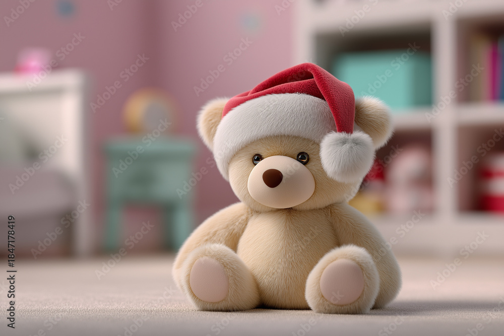 Fototapeta premium Cute teddy bear wearing santa hat in cozy room setting