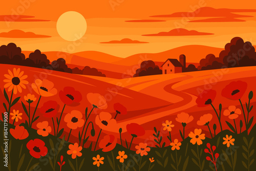Golden Hour Countryside. Golden hour countryside scene with glowing orange and red tones, vibrant wildflowers in the vector
