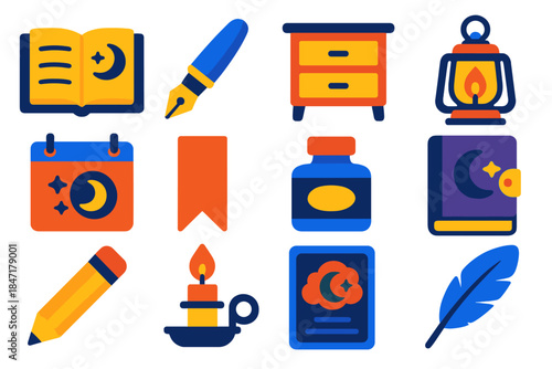 Dream Journal Icons. Flat vector icons of Dream Journaling: open book, fountain pen, nightstand, lantern, calendar, bookmark, ink