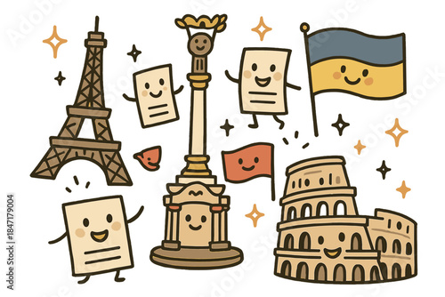 Playful Monuments Celebration. Playful doodle UNESCO safeguarding illustration with happy monuments, cartoon documents with faces,