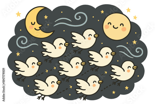 Smiling Migratory Birds. Adorable doodle migratory flock formation with smiling birds, cartoon wind currents waving, cheerful