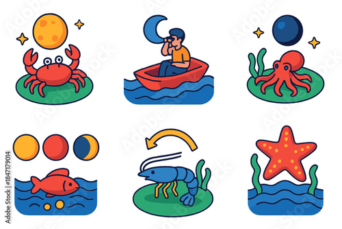 Marine Chronobiology Icons. Isometric vector illustration set Chronobiology of marine organisms: circalunar reproductive cycles,
