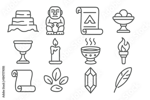 Ritual Relics Icons. Line style icons of Ritual Relics: Faded Altar, Stone Statue, Hidden Myth, Sacred Offerings; Chalice, Candle,