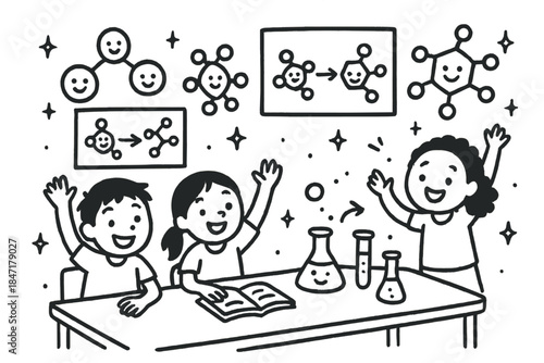 Joyful Food Chemistry. Joyful doodle food chemistry classroom with happy students, smiling molecules of proteins and sugars,