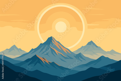 Majestic Mountain Vista. Majestic view of a mountain range vector illustration under a circular halo formed by sunlight, serene
