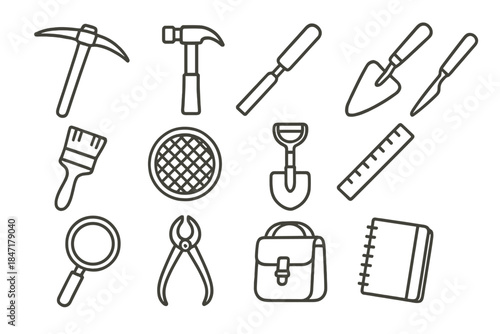 Excavation Tools Icons. Line style icons of excavation tools: pickaxe, hammer, chisel, trowel; brush, sieve, shovel, ruler;