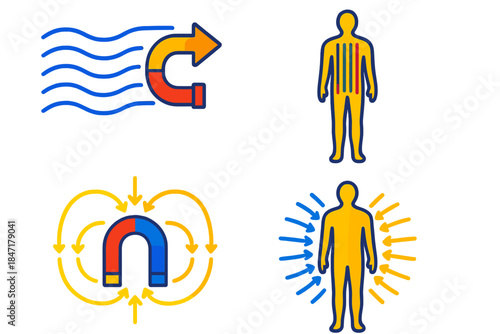 Magnetic Fluid Dynamics. Isometric vector illustration set Magnetic Fluid Theories: Ether current lines, body energy overlay,