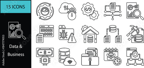 A comprehensive set of technology, data, and business process outline icons