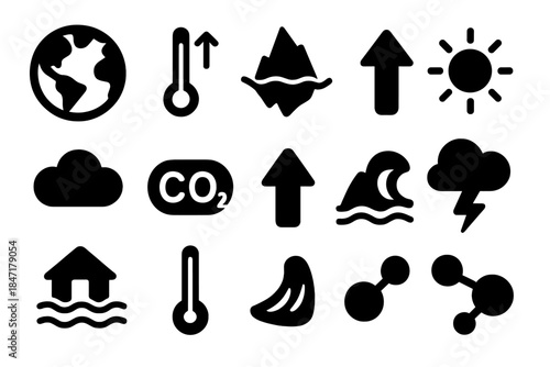 Climate Change Icons. Solid style icons of Climate Impact: Earth Globe, Rising Temperature, Iceberg, Sun, Cloud, CO2 Symbol, Arrow