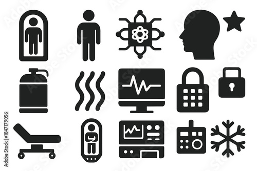 Cryonics Facility Icons. Solid style icons of Cryonics Facility: Storage Pod, Patient, Future Technology, Hope, Cryo Tank, Frost
