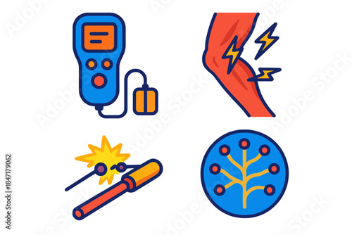 Muscle Stimulation Icons. Isometric vector illustration set Muscle Stimulation Apparatus: Handheld galvanic device, twitching limb