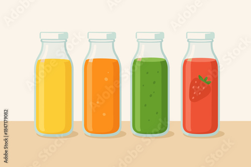 Vibrant Juice Bottles. Minimalist set of glass bottles filled with vector illustration vibrant juices arranged on a wooden surface