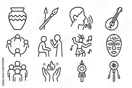 Cultural Anthropology Icons. Line style icons of Cultural Anthropology: Tool Use, Dialect, Learned Behavior, Social Tradition;