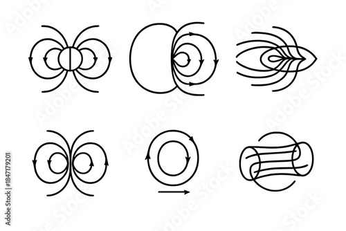 Magnetic Field Diagrams. Line style icons of Magnetic Field Interaction: dipole field lines, field distortion icon, moving plasma