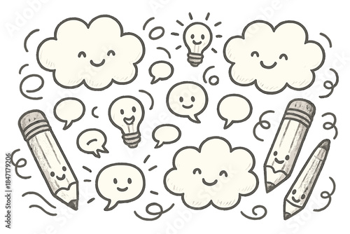 Creative Brainstorming Clouds. Adorable doodle brainstorming session with clouds full of smiling ideas, tiny lightbulbs popping,