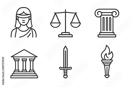Law Icons Collection. Line style icons of Law and Justice Symbols: blindfolded lady justice, scales, law pillar, courthouse steps,