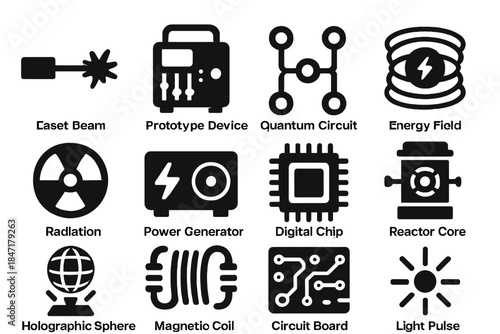 Experimental Tech Icons. Solid style icons of Experimental Technology: Laser Beam, Prototype Device, Quantum Circuit, Energy Field
