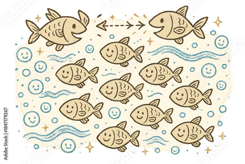 Joyful Fish Schooling. Magical doodle fish schooling illustration with happy fish, cartoon leaders signaling directions, cheerful