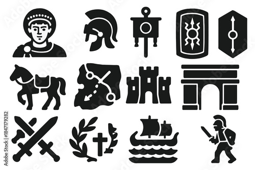 Justinian's Reconquest Icons. Solid style icons of Justinian's reconquests: emperor bust, general’s helmet, battle standard, Roman