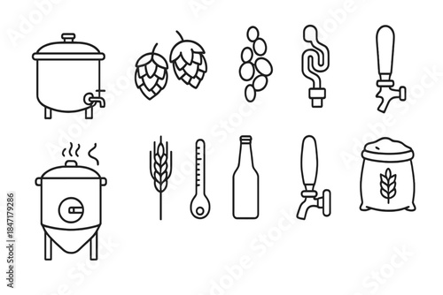Brewing Essentials Icons. Line style icons of Artisan Brewing: Mash Tun, Hops Cones, Yeast Strain, Fermentation Lock; Brewing