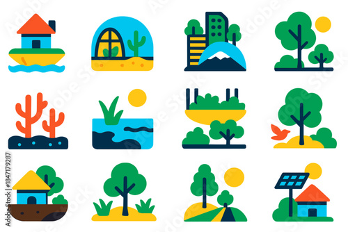 Future Habitat Icons. Flat vector icons of Future Habitats: floating island, desert greenhouse, polar dome, vertical forest,