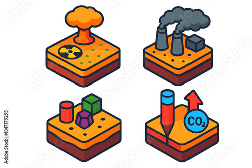 Climate Epoch Layers. Isometric vector illustration set Climate Epoch Markers: Nuclear fallout layer, soot-rich post-industrial