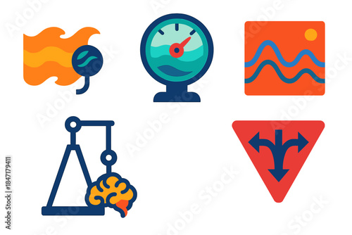 Emotional Oceanography Icons. Flat vector icons of emotional oceanography: memory current meter shaped like flowing waves,