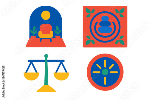 Mindful Balance Icons. Flat vector icons of mindful balance: peaceful space with harmonious shapes and soft geometry, meditation