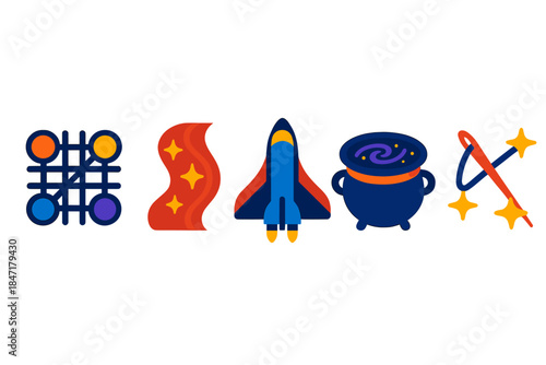 Interstellar Craft Icons. Flat vector icons of interstellar craftsmanship: planetary loops arranged as woven grid, fabric-like