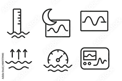 Tide Pattern Icons. Line style icons of tide pattern analyzers: tidal gauge, moon and tide chart, wave frequency graph, current