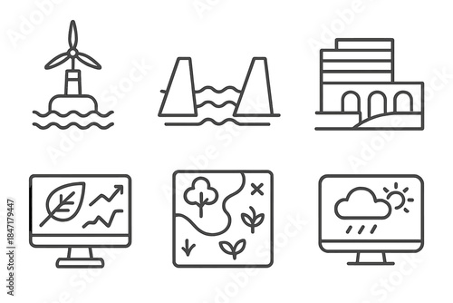 Environmental Resilience Icons. Line style icons of environmental resilience systems: renewable power buoy, storm surge barrier,