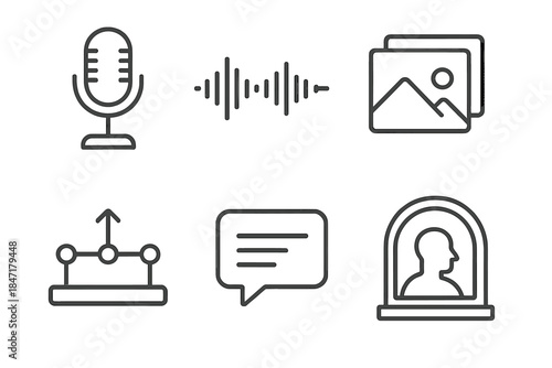 Storytelling Icons Collection. Line style icons of storytelling preservation platforms: storyteller microphone, audio waveform,