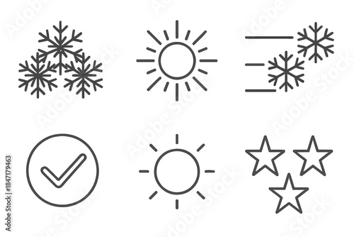 Peaceful Snowflake Unity. Line style icons of peaceful group achievement: group of snowflakes merging, radiant core, aligned