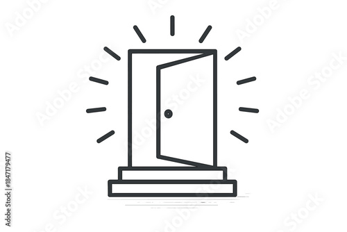 Welcoming Door Icon. Line style icons of a welcoming door with light beams: front door silhouette, warm rays spreading outward,