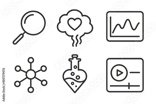 Iconic Observational Elements. Line style icons of remembrance reaction observers: observation lens, emotional vapor trail,
