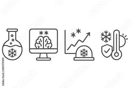Subzero Medical Innovations. Line style icons of subzero medical innovation: freezing agent flask, neural reaction monitor,