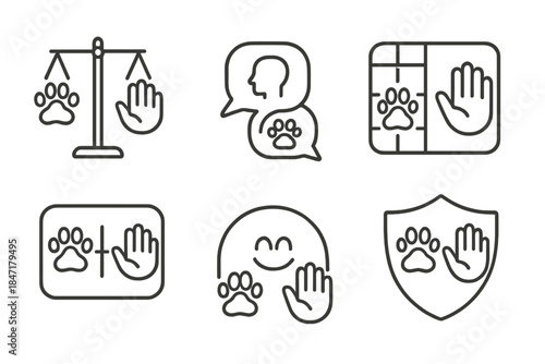 Human-Animal Conflict Solutions. Line style icons of human-animal conflict resolvers: balance scale with paw and hand,