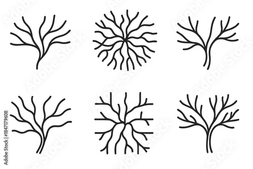 River Delta Icons. Line style icons of river delta as expanding networks: branching flow map, organic connectivity web, growth