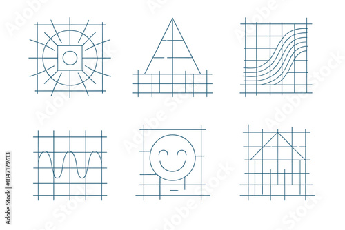 Joyful Blueprint Icons. Line style icons of joy foundation blueprints: radiant structure plan, uplifting geometric base,