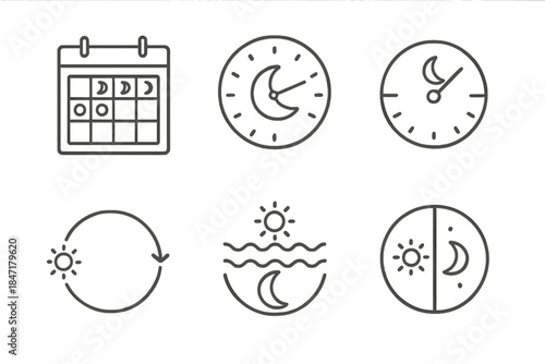 Dream Cycle Icons. Line style icons of dream-cycle organizers: sleep-phase calendar, lunar rest dial, tranquil timer arc,