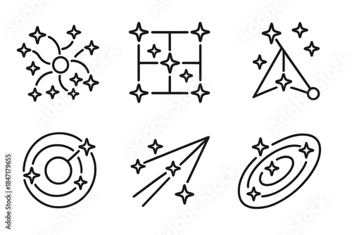 Interstellar Route Icons. Line style icons of interstellar route mappers: star trail network, galactic travel grid, navigation