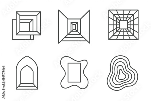 Geometric Illusion Designs. Line style icons of abstract spatial frameworks: geometric illusion plan, infinite corridor design,
