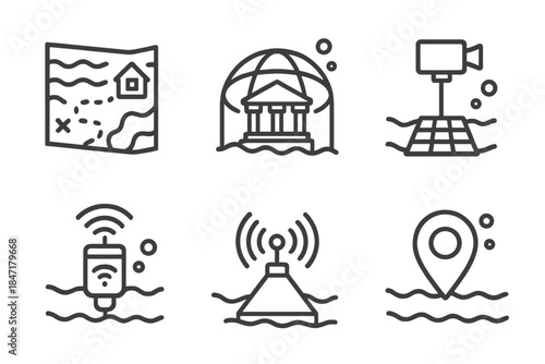 Underwater Preservation Icons. Line style icons of underwater site preservers: sunken structure map, protective dome overlay,