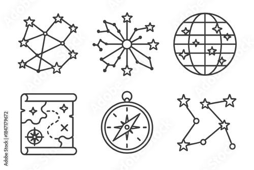 Ancient Navigation Icons. Line style icons of ancient navigation systems: stellar route network, constellation alignment hub,